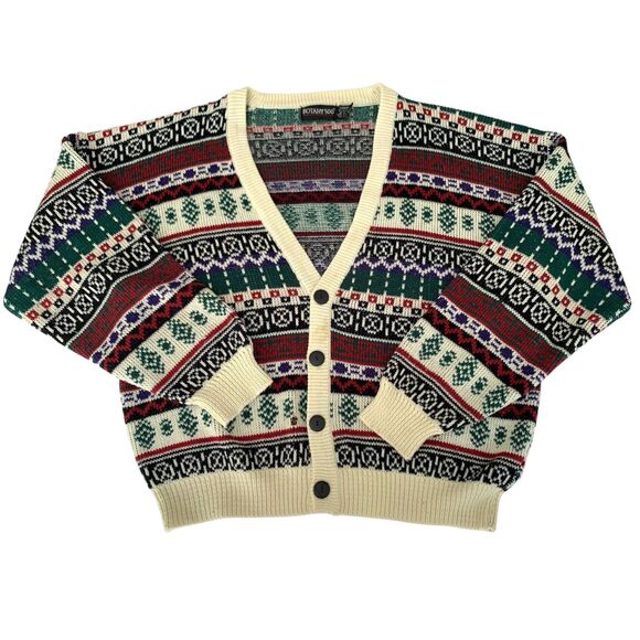 VTG 80s 90s Cardigan Sweater Men L Beige Colorful Geometric Grandpa Holiday - Picture 1 of 7